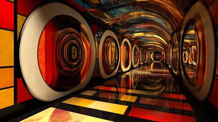 Colorful, abstract tunnel with circular and geometric patterns, reflecting off a dark floor.