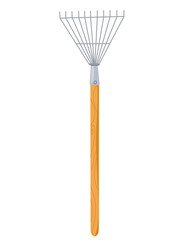 Leaf rake flat vector hand drawn illustration on white background. Simple garden rake icon design with wooden handle for agricultural farm theme