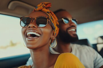 Joyful black lady and man singing, dancing and enjoying travel in car together, being in good mood, buying new car, weekend trip and road at journey