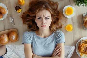 Above view of anger lady with arms crossed lying near snoring husband, unpleasant morning awakening, top view