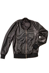 Fashion Concepts. Flatlay of Mens Fashionable New Black Leather Zipped Jacket Isolated on White