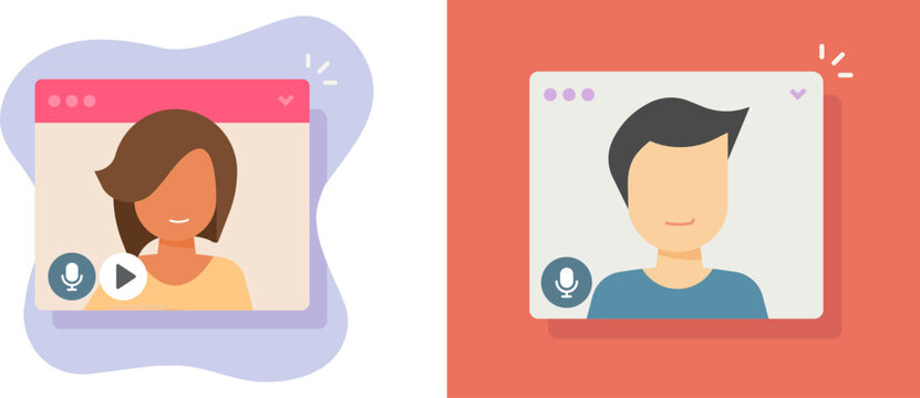 Online video webinar learning icon vector flat cartoon graphic illustration set, virtual internet seminar call on computer window screen, man woman meeting remote conference watch modern design
