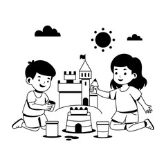 Kids making sandcastle on beach, glyph style illustration 
