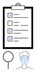 Document checklist with blue checkmarks, facial recognition on head outline, and magnifier. Ideal for security, identity verification, AI development, compliance, data analysis, biometrics digital