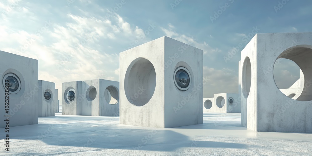 Poster architectural cubes and sky: surreal minimalist architectural scene featuring a series of large, geo