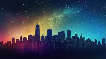 Fototapeta premium Iridescent gradient cityscape merging into a starry sky