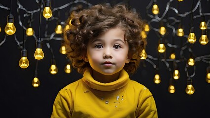 "Boy's Brainstorming Moment: Question Marks and Light Bulb Against a Dark Backdrop"