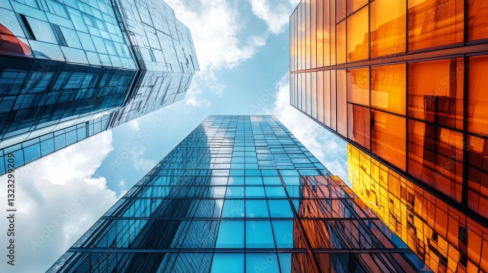 Poster looking up from the ground, towering glass structures form a geometric pattern against a vibrant sky