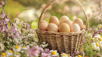 Wicker basket filled with organic Easter eggs in natural brown and beige tones, surrounded by fresh spring flowers, evoking a rustic, eco-friendly Easter vibe.
