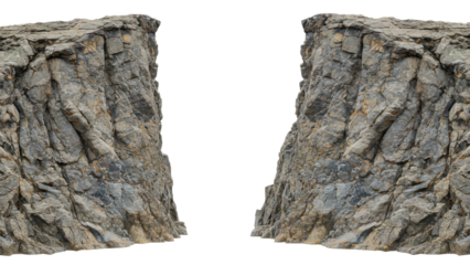 Large Rocky Cliff with Split Stone Formation cut-out isolated on White Background with clipping path.