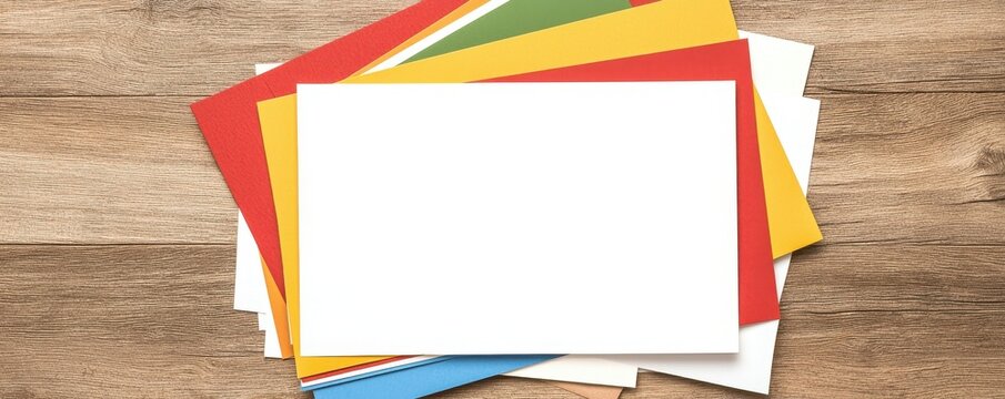 A vibrant collection of colored paper sheets stacked on a wooden surface, featuring a blank white space for text or design.