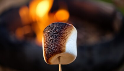 a toasted marshmallow on a stick showing a golden brown top with a soft fluffy texture perfect for campfires and s mores