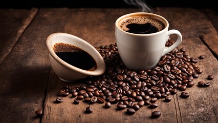 A steaming cup coffee sits a pile roasted coffee beans, next a small bowl coffee, a rustic wooden table.