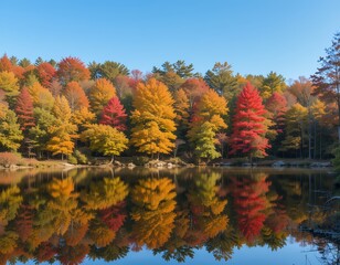 Obraz premium Spectacular autumn foliage reflecting on calm water creating stunning symmetry
