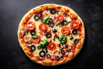 Delicious round pizza topped with tomatoes olives cheese and basil