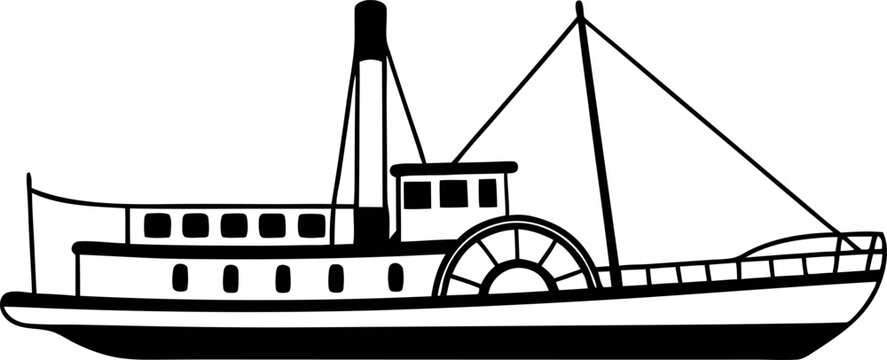 Black and white illustration of a vintage paddle steamer boat. Perfect for travel, nautical, or vintage designs. Steamboat Clipart: Black and White Vector Illustration