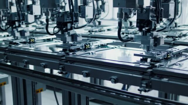 Robotic arms assembling electronic components on a production line