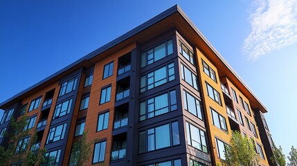 A striking apartment building features a mix of glass and wooden facades, surrounded by lush greenery. This urban space highlights modern living in an eco-friendly environment