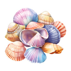 A pile of colorful sea shells in a watercolor style. Sea shells are arranged chaotically, partially overlapping each other. Sea beach concept. Marine elements.