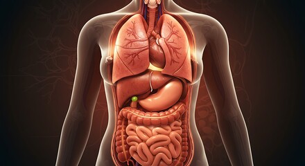 Female Internal Organs Anatomy Showing Lungs, Heart, Liver, Intestines and Stomach