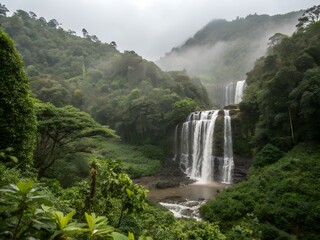 Misty Waterfall Amid Lush Tropical Greenery