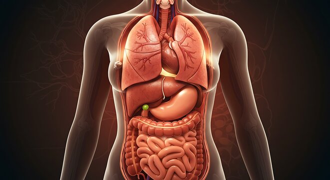 Female Internal Organs Anatomy Showing Lungs, Heart, Liver, Intestines and Stomach