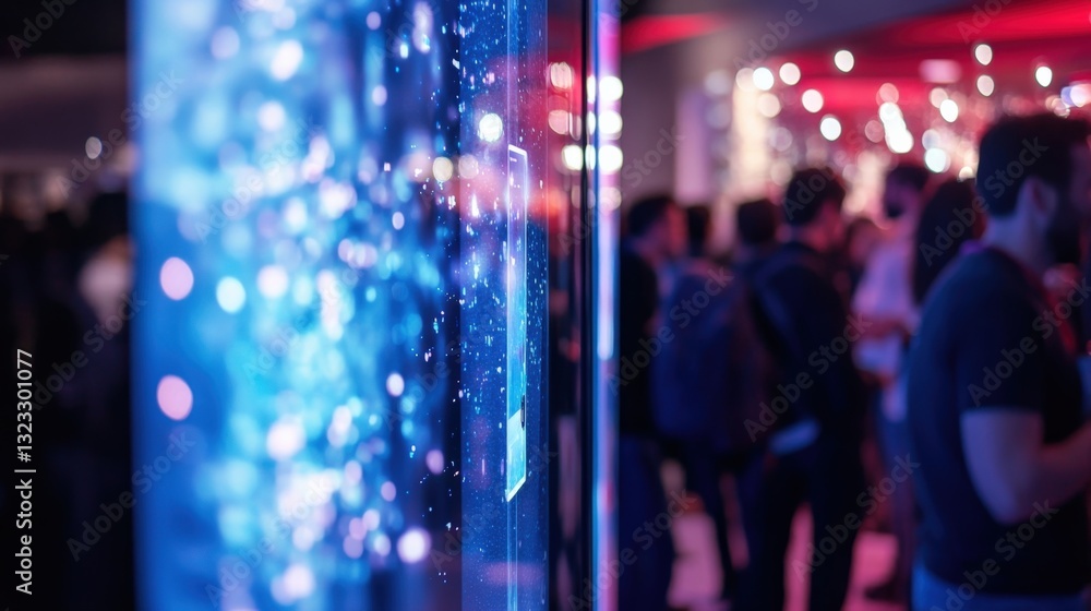 Poster blurred attendees networking near an interactive water display with integrated touch screen at a mod