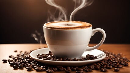 Aromatic cappuccino a white cup sits a saucer surrounded coffee beans a wooden table.