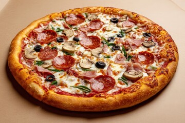 Delicious pizza with various toppings on a golden brown crust