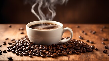 A steaming cup coffee sits nestled amongst roasted coffee beans a wooden surface.