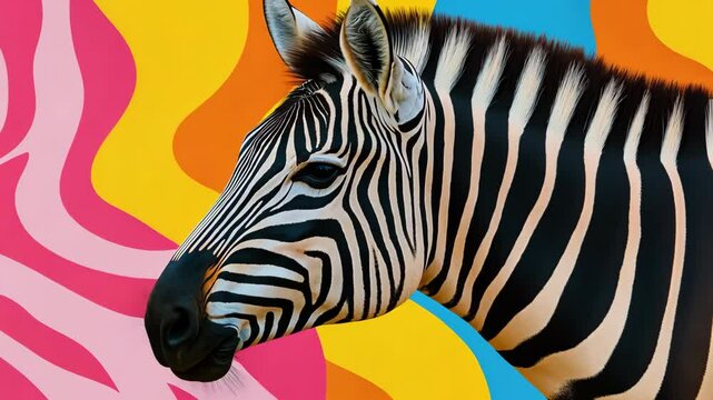 A zebra is staring at the camera with a colorful background