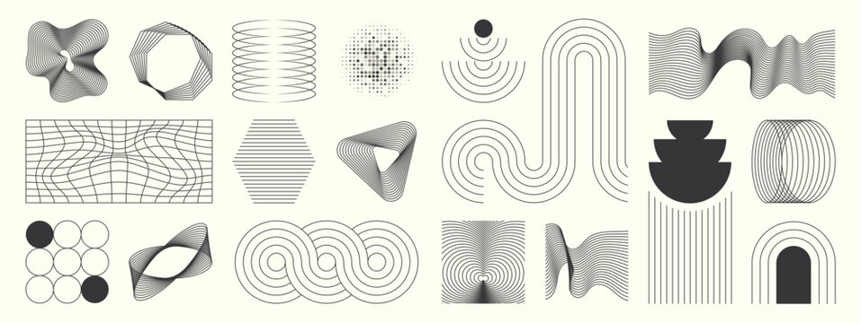 Abstract minimal element mid century vector set. Aesthetic contemporary stripe line art, geometric shape in monochrome. Art form design for wall art, decoration, wallpaper.