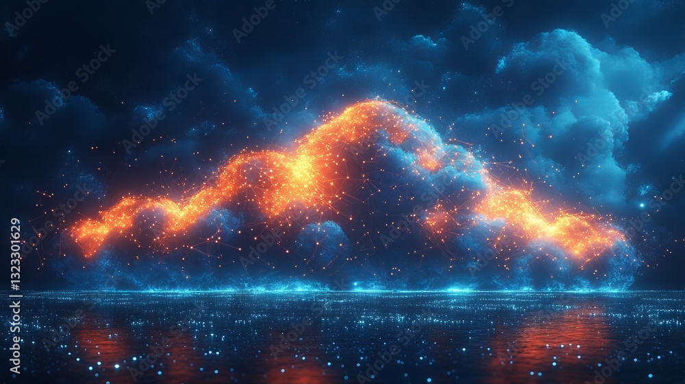 Poster futuristic 3d illustration of cloud computing concept with glowing digital connections on a blue bac