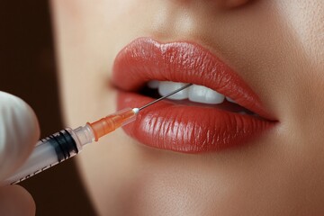 Cosmetologist giving lip injection to pretty woman, doing beauty procedures in beauty salon,...