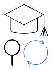 Graduation cap, magnifier tool, and circular arrows symbolizing education, research, continuous learning, improvement, progress, development, and lifelong learning as a flat simple metaphor