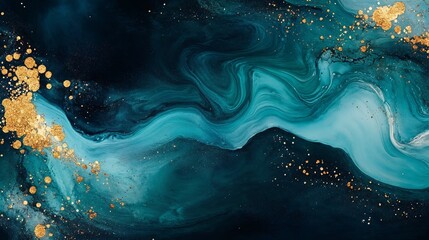 Abstract swirling energy in deep turquoise and gold, representing the purifying power of the Ganges. Horizontal Orientation