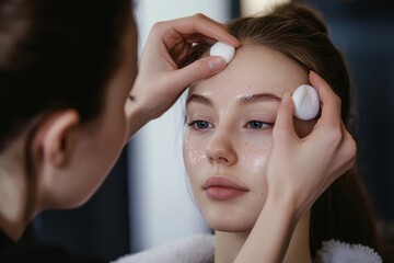Young lady having facial beauty treatment, beautician cleaning and touching female face with cotton pads, beauty salon