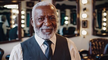An Elderly Black Man with Grey Hair in a Classic Barber Shop Setting, Dressed in Smart Attire, Portraying Confidence and Wisdom Among Vintage Decor and Furniture