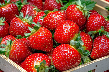 Freshly picked strawberries in wooden basket, showcasing vibrant red color and lush green leaves, evoke sense of summer freshness and natural sweetness