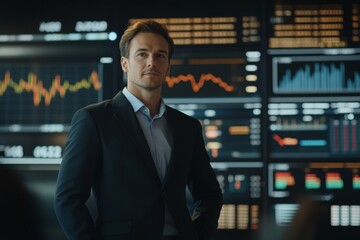 A male financial advisor stands confidently in a sleek office filled with financial dashboards, showcasing market trends and analytics. He wears a dark suit and exudes professionalism