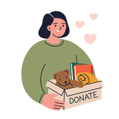 Charity donation vector illustration. Woman holding box labeled donate with clothes, books, and toys. Flat cartoon design, community support composition, volunteer character giving, helping people