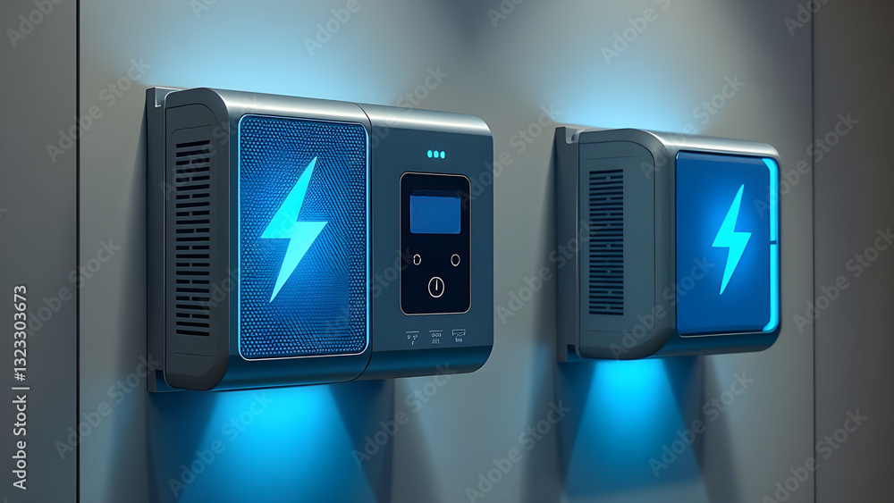 Poster 3d rendering of a group of electrical devices on the wall.