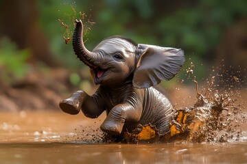Playful Baby Elephant Enjoying a Muddy Adventure at Sunset