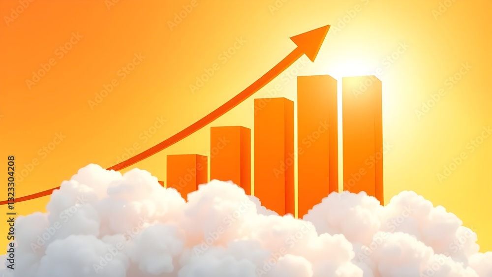 Aufkleber business graph with arrow and clouds on orange background. 3d rendering
