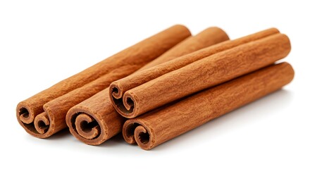 Cinnamon sticks, deep brown, slightly curled with rough textured bark, isolated on white