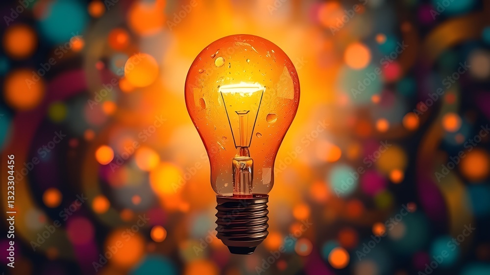 Poster glowing light bulb on colorful bokeh background. 3d rendering