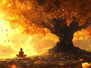Meditating Monk Beneath a Radiant Bodhi Tree in an Autumn Glow