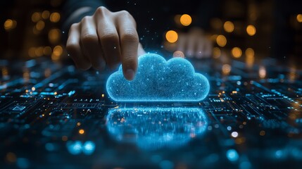 Hand interacting with cloud computing infographic: technology icons illustrating centralized collection of lifestyle and confidential data in a digital cloud ecosystem