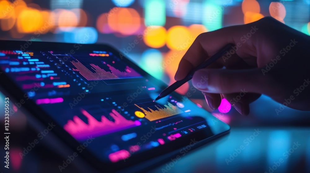 Poster businessman using stylus pen analyzing financial charts and graphs displayed on digital tablet scree