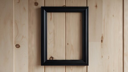 Fototapeta premium Black picture frame centered on light wooden wall, showcasing empty space for artwork or photo, ideal for mockup purposes, minimalistic design.